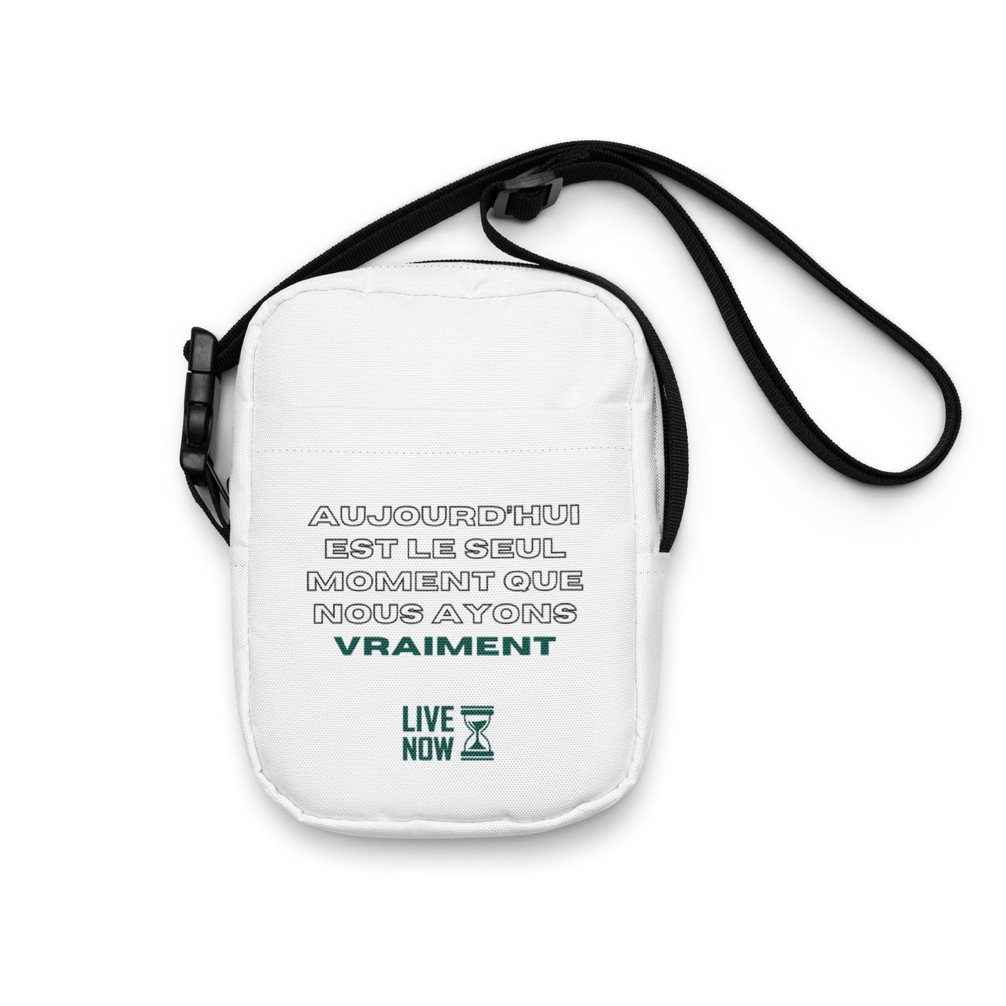 Sac bandoulière utilitaire blanc avec texte motivant en français et sangle noire ajustable
