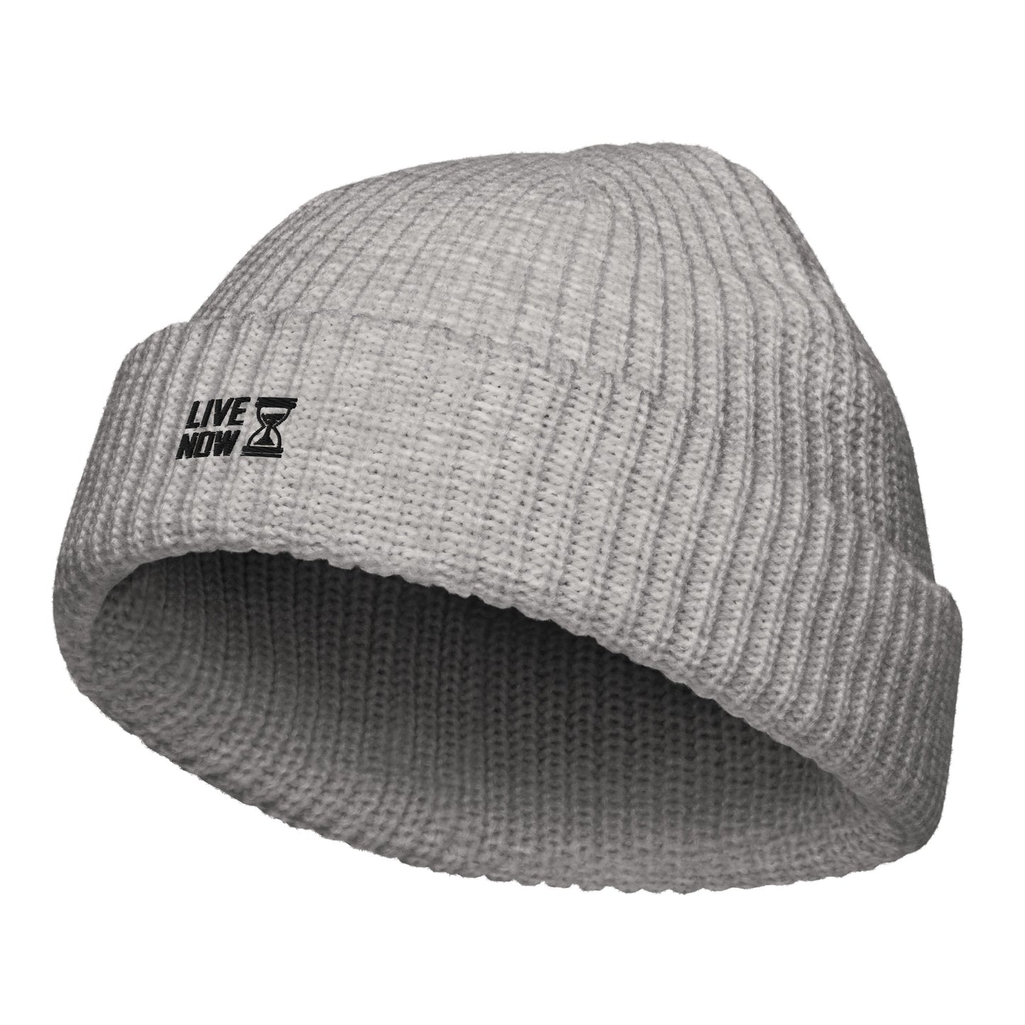 Bonnet pêcheur gris chiné avec broderie noire "LIVE NOW" et sablier