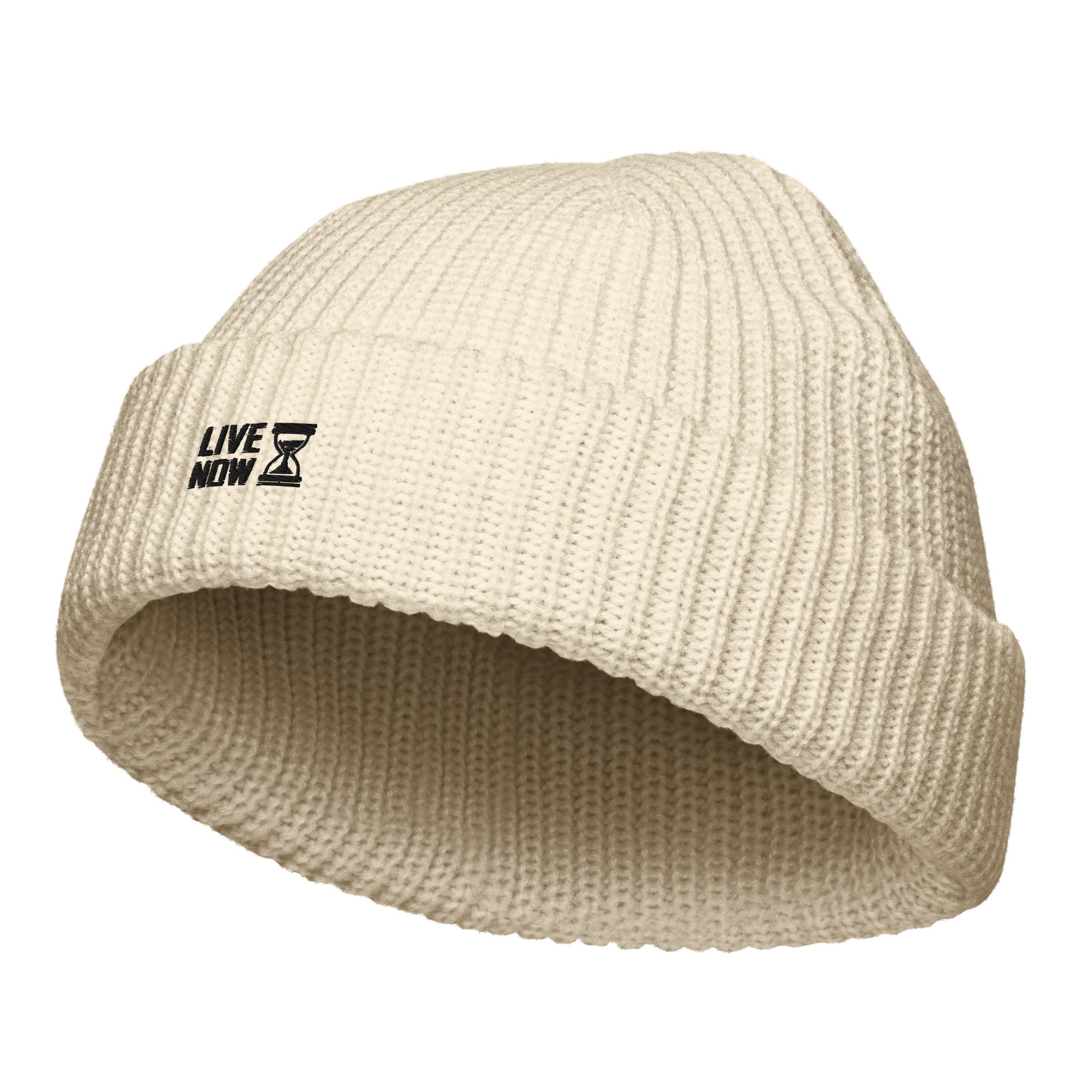 Bonnet pêcheur écru en tricot côtelé avec logo brodé Live Now
