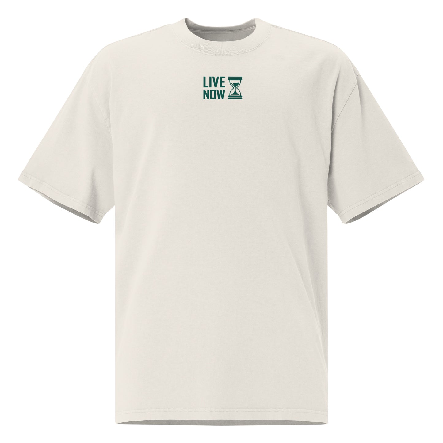T-shirt oversize délavé couleur os avec texte vert "LIVE NOW" et sablier imprimé devant