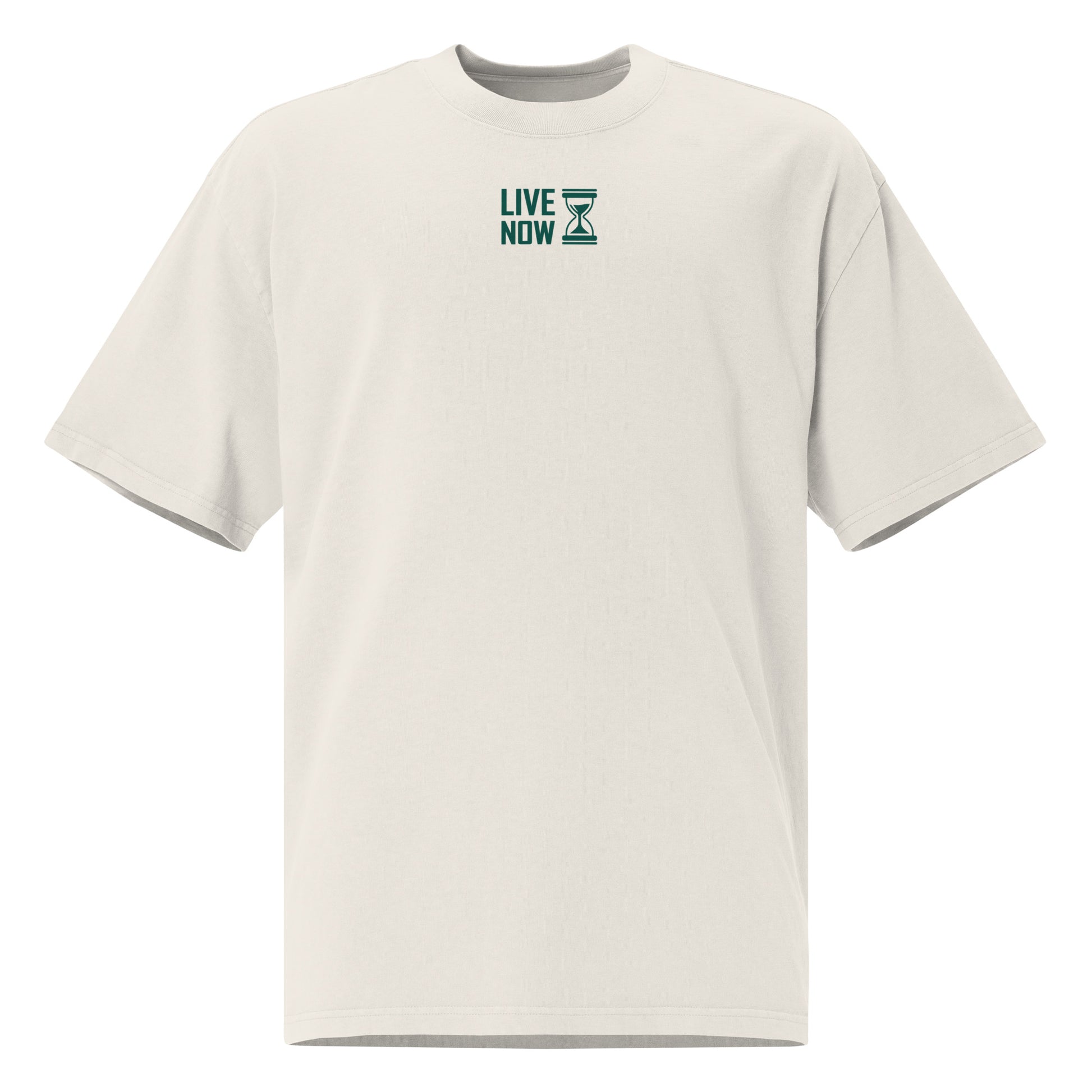 T-shirt oversize délavé couleur os avec texte vert "LIVE NOW" et sablier imprimé devant